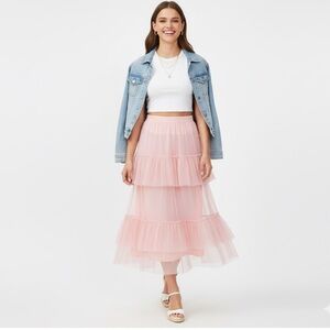 Peach Layered‎ Tulle Midi Skirt | Ruffled Cottagecore Fairy Skirt Women Large